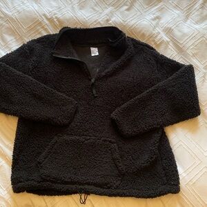 No boundaries, pullover sweatshirt, black, plush, zipper neck, drawstring waist